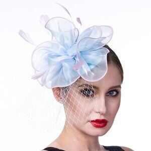 Fascinator Hat Vintage Style Baby Blue Pink Feathers Veil NEW